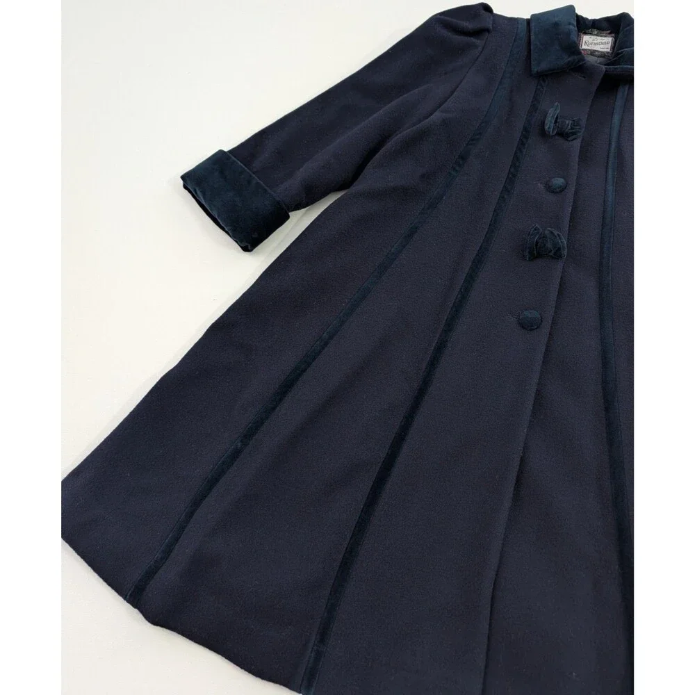 Vintage Rothschild Pea Coat Girls 10 Navy Blue Wool Dress Velvet Collar Overcoat
